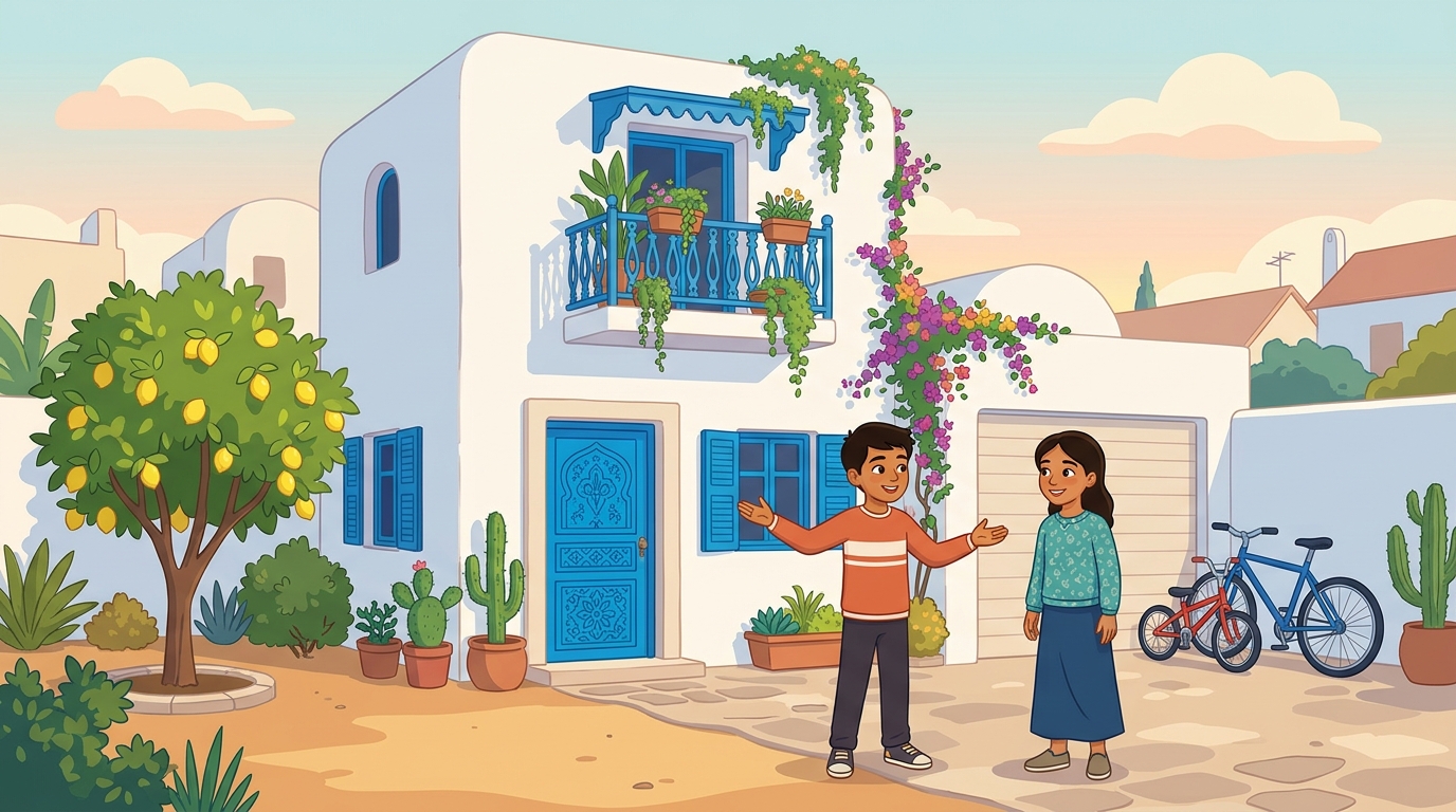 Rayan fait visiter sa nouvelle maison blanche à Nora ; un citronnier, un grand vélo bleu et un petit vélo rouge